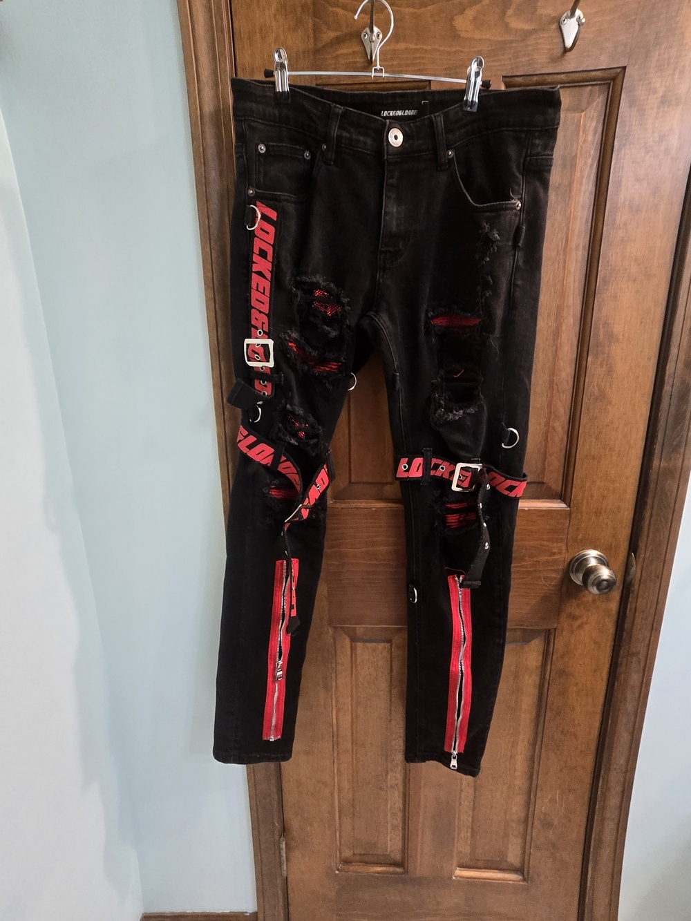 Locked Loaded Black Skinny Jeans with Red Strap Details